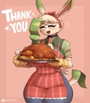 anthro apron big_breasts blush breasts clothed clothing curvy_figure detailed_food eyebrows eyelashes female food freckles handwear happy holidays open_mouth oven_mitts simple_background smile solo text thank_you thick_thighs voluptuous voluptuous_anthro voluptuous_female wide_hips gammainks nintendo pokemon thanksgiving malon_(gammainks) avian bird eeveelution galliform generation_4_pokemon leafeon phasianid pokemon_(species) turkey 2023 artist_name detailed digital_media_(artwork) english_text hi_res