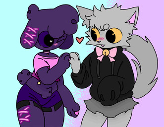 accessory ambiguous_gender anthro blush bottomwear bow_ribbon clothed clothing crop_top duo floppy_ears fur grey_body grey_fur heart_symbol hoodie midriff one_eye_closed paws purple_body purple_fur shirt shorts simple_background skirt smile star tongue tongue_out topwear tuft wink kawaiikat izzy_(kawaiikat) domestic_cat felid feline felis lagomorph leporid mammal rabbit 2024 character_request colored digital_drawing_(artwork) digital_media_(artwork) hi_res portrait shaded simple_shading