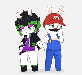 3_fingers amethyst_(gem) anthro arms_bent belt black_boots black_clothing black_facial_hair black_footwear black_gloves black_hair black_handwear black_jacket black_mustache black_topwear blue_clothing blue_eyes blue_overalls blue_pupils blush boots clothed clothed_anthro clothed_female clothed_male clothing duo ear_piercing eyebrows eyelashes facial_hair featureless_crotch female female_anthro fingerless_gloves fingers footwear fur gem gloves green_belt green_eyebrows green_hair hair hands_on_own_hips handwear jacket light long_ears male male_anthro mouth_closed multicolored_hair mustache noseless open_belt open_clothing open_jacket open_topwear overalls pantsless_anthro pantsless_female piercing pockets pupils purple_clothing purple_ear_piercing purple_eyelids purple_shirt purple_topwear shirt shirtless_anthro shirtless_male shoes short_hair simple_background spiky_hair standing straight_legs tan_body tan_eyelids tan_inner_ear tan_skin thick_eyebrows topwear touching_mustache two_tone_hair white_background white_body white_fur peypey_mei1925 mario_bros mario_plus_rabbids_kingdom_battle mario_plus_rabbids_sparks_of_hope nintendo raving_rabbids rayman_(series) ubisoft edge_(mario_plus_rabbids) rabbid_mario lagomorph mammal rabbid 2025 colored crossover digital_drawing_(artwork) digital_media_(artwork) hi_res lighting shaded