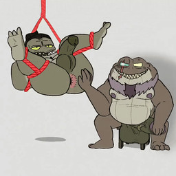 anthro anus arms_tied bdsm big_anus bodily_fluids bondage bound duo exposed genital_fluids genitals legs_tied male male/male masturbation nude penis precum presenting junuonlyone amphibia_(series) disney captain_bufo captain_grime amphibian frog 1:1 animated animated_gif short_playtime