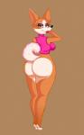 2019 anthro anthrofied big_butt bottomless breasts brown_eyes butt canid canine canis clothed clothing cocaine-leopard conditional_dnp domestic_dog female herding_dog hi_res lips lipstick makeup mammal mature_anthro mature_female mitzi_(the_queen's_corgi) pastoral_dog rear_view side_boob smile solo tail the_queen's_corgi welsh_corgi wide_hips