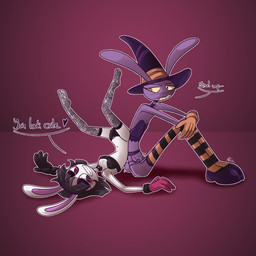 4_fingers annoyed anthro back_to_back bow_tie breasts choker clothing costume duo fake_ears fake_rabbit_ears female fingers flustered halloween_costume hat headgear headwear holidays jewelry legwear lingerie looking_at_another magic_user male necklace pattern_clothing pattern_legwear pattern_stockings playboy_bunny pose sitting sitting_on_ground slim small_breasts smug_grin speech_bubble spiral spiral_eyes stockings striped_clothing striped_legwear striped_stockings stripes tail tail_motion tailwag teasing witch witch_hat screaming_alice glitch_productions halloween kinktober kinktober_2025 the_amazing_digital_circus jax_(tadc) pomni_(tadc) humanoid lagomorph leporid mammal rabbit 1:1 2025 absurd_res hi_res