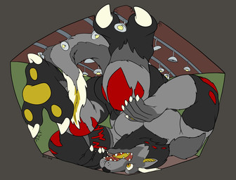2_toes anthro distressed feet fur inside macro male outgrowing_room pawpads runes solo stuck tail toes warehouse blkdragon canid canine canis mammal wolf hi_res