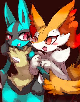 3_fingers ambiguous_anthro ambiguous_gender anthro arm_grab arm_tuft biped black_body black_fur blue_body blush blush_lines blush_stickers cheek_tuft chest_tuft cute_fangs duo eye_contact eyebrows eyelashes facial_tuft fangs featureless_chest featureless_crotch fingers flat_chested fur inner_ear_fluff looking_at_another multicolored_body multicolored_fur navel nude nude_ambiguous nude_anthro object_in_tail open_mouth open_smile orange_body orange_eyes orange_fur orange_inner_ear_fluff orange_nose pointy_ears prick_ears red_eyes shoulder_tuft simple_background smile snout spikes spikes_(anatomy) standing stick stick_in_tail tail teeth tuft white_body white_fur yellow_body yellow_fur yellow_tail izon448 nintendo pokemon braixen canid generation_4_pokemon generation_6_pokemon lucario mammal pokemon_(species) 2025 absurd_res digital_drawing_(artwork) digital_media_(artwork) hi_res shaded