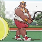 1:1 alanottaviano anthro ball barazoku bear belly brown_bear brown_body brown_fur bulge clothing extracurricular_activities fur grizzly_bear harold_grifter hi_res male mammal musclegut muscular muscular_male overweight overweight_male solo tennis_ball tennis_court tennis_racket ursine