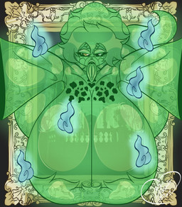 anthro big_breasts big_butt black_background breasts butt clothed clothing eyelashes eyeliner eyeshadow female fluffy fluffy_hair glistening glistening_body glistening_hair glowing glowing_body green_body hair heart_symbol heterochromia holidays huge_breasts huge_butt hyper hyper_butt lips makeup miruki_(blepbun) open_mouth orb orbs painting_(object) ponytail simple_background solo tail tamooki thick_lips tongue tongue_out translucent translucent_body blepbun asian_mythology east_asian_mythology halloween japanese_mythology mythology bovid bovine canid canine ghost hybrid mammal raccoon_dog spirit tanuki yokai hi_res