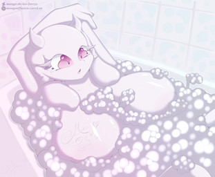 2_horns anthro areola arms_above_head bath bathroom bathtub big_breasts blush breasts bubble bubble_bath female floppy_ears fur glistening glistening_body horn huge_breasts mature_female nipples nude nude_anthro nude_female pink_eyes pink_nipples soap solo suds white_body white_fur white_horn mango_of_furrys undertale_(series) toriel boss_monster_(undertale) bovid caprine goat mammal 2026 digital_media_(artwork) hi_res