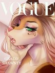 abstract_background anthro bedroom_eyes blonde_hair eyelashes eyeshadow female fictional_magazine_cover fur green_eyes hair lips long_eyelashes makeup mascara multicolored_body narrowed_eyes pink_lips pink_nose pose seductive solo tattoo text two_tone_body cavebaxter vogue_(magazine) gradie canid canine canis domestic_dog fox german_shepherd herding_dog hybrid mammal pastoral_dog 2021 cover digital_media_(artwork) english_text hi_res magazine_cover portrait three-quarter_portrait