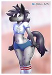 absurd_res anthro border bottomwear bun_butts clothing english_text equid equine girly hair hi_res hotpants looking_at_viewer male mammal shorts smile solo stylized text white_border