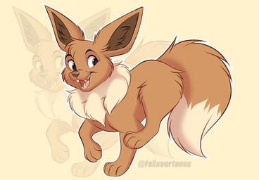 ambiguous_gender brown_body brown_eyes brown_fur brown_nose cheek_tuft dipstick_tail facial_tuft feral fur head_tuft inner_ear_fluff markings nude open_mouth open_smile paws quadruped simple_background smile solo tail tail_markings teeth toony tuft felixcartoons nintendo pokemon eevee generation_1_pokemon pokemon_(species) colored digital_drawing_(artwork) digital_media_(artwork) hi_res shaded