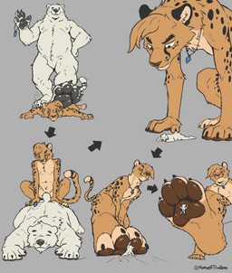 anthro brown_pawpads duo extreme_size_difference feet fluffy_paws looming male male/male micro micro_on_paw pawpads paws role_reversal shrinking size_difference size_transformation smile smirk stomping stuck_to_foot trampling transformation howellthabear howell_(howellthabear) bear cheetah felid feline mammal polar_bear ursine hi_res