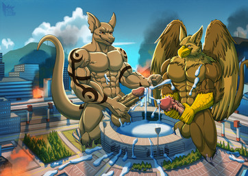 4_toes 5_fingers abs anthro balls beak biceps bodily_fluids brown_body brown_fur building building_destruction city city_background city_destruction claws cum cumshot destruction duo ejaculation erection feathered_wings feathers feet finger_claws fingers fur genital_fluids genitals hair house humanoid_genitalia humanoid_penis macro macro_anthro macro_male male muscular muscular_anthro muscular_male nude orgasm outside paws pecs penile penis rampage smile stadium tail toe_claws toes vein wings daru_brek mythology carpo tephros avian dragon gryphon mythological_avian mythological_creature mythological_scalie scalie hi_res