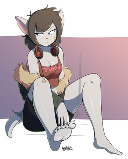 5_toes anthro barefoot bottomwear breasts cigarette clothing electronics feet female headphones shirt shorts solo tank_top toes topwear howsplendid zoe_riddle canid canine canis mammal wolf 2022 absurd_res dated full-length_portrait hi_res portrait signature