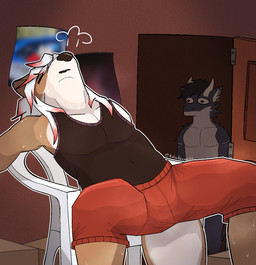 anthro belly bodily_fluids bottomwear breath chair clothed clothing doorway duo ear_piercing ear_ring fur furniture heat_(temperature) lying male male/male musk navel on_back panting piercing ring_piercing shirt shorts sitting slim_male spread_legs spreading stare sweat sweaty_body tank_top toony topwear voyeur nottsfw mythology fox_(katsukrambles) kyn_(fluffywyvern) dragon furred_dragon furred_scalie mammal mustelid mythological_creature mythological_scalie otter scalie 2024 hi_res