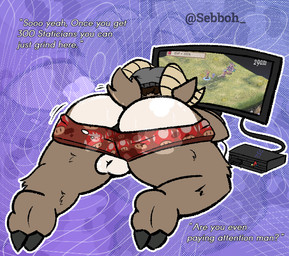 abstract_background anthro backsack balls beanie bodily_fluids butt clothed clothing dialogue electronics feet fungus furgonomic_headwear furgonomics gaming genitals glistening glistening_butt hair hat headgear headwear hooved_toes hooves horn male monitor mushroom partially_clothed playing_video_game rear_view short_tail solo super_mushroom sweat sweat_clouds tail talking_to_viewer text underwear sebboh disgaea echo_(game) echo_(series) echo_project mario_bros nintendo nippon_ichi_software playstation playstation_2 sony_corporation sony_interactive_entertainment carl_hendricks bovid caprine mammal sheep english_text