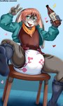 abdl alcohol anthro beverage clothed clothing diaper diaper_fetish female footwear gesture hair hand_gesture jacket open_clothing open_jacket open_mouth open_topwear padded short_hair sitting socks solo tongue tongue_out topwear v_sign wearing_diaper meowtat fan_character lagomorph leporid mammal rabbit absurd_res hi_res
