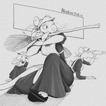 anthro bottomwear bread broom buckteeth cleaning_tool clothed clothing eating female food footwear fur group headgear headwear holding_food holding_object maid_uniform one_eye_closed open_mouth shoes simple_background sitting skirt tail teeth text topwear trio uniform whiskers gompami mammal murid murine rat rodent 1:1 2025 absurd_res english_text hi_res monochrome