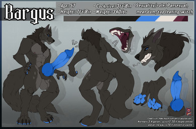anthro big_penis black_claws black_sclera blue_eyes blue_pawpads blue_penis butt claws fur genitals grey_body grey_fur huge_penis hyper hyper_genitalia hyper_penis knot knotted_penis male mature_male mouth_shot multicolored_body open_mouth pawpads penis solo tail text two_tone_body oonakuni bargus canid canine canis mammal wolf english_text hi_res model_sheet