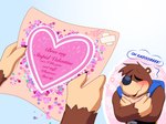 anthro backpack blush brown_body brown_fur eyes_closed fur glitter happy heart_symbol holding_letter holidays hug hugging_object male patched smile solo tsundere valentine's_day_card wavy_mouth skelly_doll banjo-kazooie rareware valentine's_day banjo_(banjo-kazooie) bear mammal hi_res