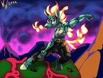 5_fingers abs anthro anthrofied black_bottomwear black_clothing black_pants bodily_fluids bottomwear breasts breath_powers cleavage clothed clothing elemental_manipulation female fingers fire fire_breathing fire_manipulation flaming_hair flaming_tail green_body green_scales hooves looking_at_viewer muscular muscular_anthro muscular_female open_mouth pants pseudo_hair red_eyes scales standing sweat sweatdrop tai_chi tail unguligrade volcano wrappings wishywashy asian_mythology chinese_mythology east_asian_mythology mythology them's_fightin'_herds tianhuo_(tfh) dragon longma mythological_creature mythological_equine mythological_scalie scalie 2022 4:3 absurd_res digital_media_(artwork) digital_painting_(artwork) hi_res