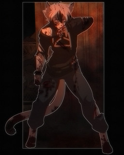 anthro biped blood bodily_fluids clothing dipstick_ears dipstick_tail ear_markings male markings multicolored_ears solo tail tail_markings torn_clothing munkeesgomu ereki_kagami domestic_cat felid feline felis mammal hi_res