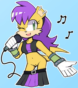 anthro bangs belt black_bottomwear black_clothing black_nose black_skirt black_topwear blue_background bottomless bottomwear bottomwear_down bracelet breasts cheek_tuft clothed clothing ear_piercing electronics eyelashes facial_tuft female fur genitals gloves green_eyes hair handwear holding_microphone holding_object jewelry long_hair looking_at_viewer microphone musical_note musical_symbol navel one_eye_closed open_mouth open_smile piercing purple_bottomwear purple_clothing purple_hair purple_skirt purple_topwear simple_background skirt skirt_down small_breasts smile solo studded_bracelet studded_jewelry studs symbol tan_body tan_fur topwear tuft vulva white_clothing white_gloves white_handwear wink winking_at_viewer yellow_body yellow_fur bigrobbie archie_comics sega sonic_the_hedgehog_(archie) sonic_the_hedgehog_(comics) sonic_the_hedgehog_(series) mina_mongoose herpestid mammal mongoose hi_res