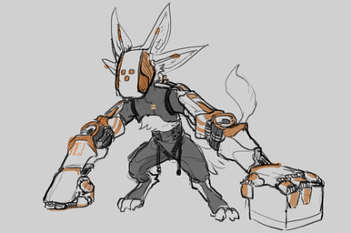 4_ears anthro clothed clothing exoskeleton feathers looking_at_viewer male multi_ear robotic_arm robotic_arms robotic_hand simple_background solo standing tail work_uniform conditional_dnp mej avali avian digital_media_(artwork) sketch