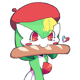 baguette beret bread clothing female food food_in_mouth hat headgear headwear heart_symbol humanoid_pointy_ears pointy_ears simple_background smile solo white_background melfunnysmell nintendo pokemon gaba_(melfunnysmell) gardevoir generation_3_pokemon humanoid pokemon_(species) hi_res