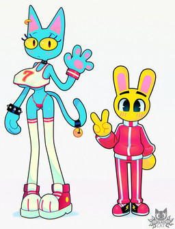4_fingers 69_(number) accessory anthro bell belly big_breasts biped black_eyes blue_body blue_ears blue_skin blue_tail blush blush_lines bracelet breasts butt butt_from_the_front clothed clothing collar crop_top crop_top_overhang duo ear_piercing ear_ring female fingers footwear frown fully_clothed furgonomics gesture glistening glistening_eyes gold_(metal) gold_ear_ring hand_gesture huge_breasts jewelry larger_anthro larger_female legwear logo long_tail looking_at_viewer male multicolored_body multicolored_clothing multicolored_footwear multicolored_shoes navel pawpads piercing pink_clothing pink_footwear pink_inner_ear pink_pawpads pink_shoes pink_thong pink_tracksuit pink_underwear pink_wristband ring_piercing shirt shoes simple_background size_difference skimpy skinny slim smaller_anthro smaller_male spiked_bracelet spiked_collar spikes standing tail tail_accessory tail_bell text thick_thighs thigh_highs thong topwear tracksuit two_tone_body under_boob underwear v_sign wave white_background white_clothing white_crop_top white_footwear white_legwear white_sclera white_shoes white_thigh_highs white_topwear wristband yellow_body yellow_ears yellow_sclera yellow_skin 69blackcat69 hayai_(69blackcat69) liliang_(69blackcat69) domestic_cat felid feline felis lagomorph leporid mammal rabbit 2026 artist_logo artist_name colored digital_drawing_(artwork) digital_media_(artwork) english_text full-length_portrait hi_res portrait shaded signature