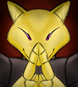 close-up domain_expansion eyes_mostly_closed gesture hand_gesture looking_at_viewer male multicolored_body narrowed_eyes pink_eyes pink_sclera rough_lines smile solo two_tone_body templar_ponyboy nintendo pokemon abra generation_1_pokemon pokemon_(species) hi_res sketch
