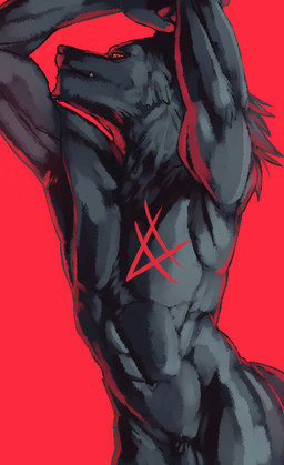 abs anthro athletic athletic_anthro athletic_male black_body black_fur black_nose cute_fangs fangs fur genitals kemono male markings nude nude_anthro nude_male penis penis_base public red_background red_eyes red_light simple_background solo teeth inubikko canid canine canis mammal wolf