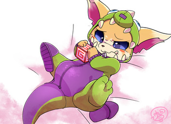 anthro bed big_ears block blue_eyes blush brown_body brown_fur clothing costume feet footwear fur furniture furry_wearing_fursuit fursuit lying male onesie semi-anthro shoes slippers solo toddler young young_anthro m@rt league_of_legends riot_games tencent gnar_(lol) canid canine mammal yordle hi_res