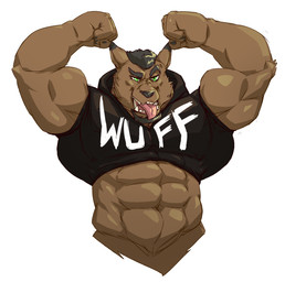 abs anthro beard biceps big_muscles biped black_hair black_nose brown_body brown_fur clothing facial_hair flexing fur green_eyes hair hoodie huge_muscles looking_at_viewer male muscular muscular_anthro muscular_male simple_background solo tongue tongue_out topwear white_background taoren tremor_(character) canid canine canis mammal wolf 2015 half-length_portrait portrait