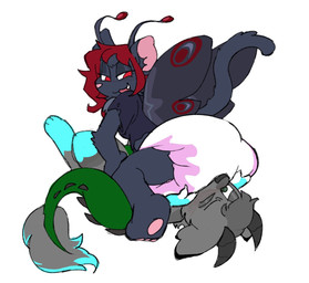 ambiguous_gender antennae_(anatomy) anthro big_diaper black_antennae black_body black_clothing black_ear_tips black_fur black_horn black_inner_ear_fluff black_nose black_shirt black_tail black_topwear black_wings blue_body blue_fur blush blush_lines claws clean_diaper clothed clothing diaper diaper_fetish diaper_in_face dipstick_ears duo ear_markings facesitting finger_claws fingerless_(marking) fingerless_gloves_(marking) fur gloves_(marking) green_tail grey_body grey_fur grey_tail_tuft hair head_horn horn inner_ear_fluff leg_markings looking_at_another looking_at_partner looking_back looking_back_at_another looking_back_at_partner lying markings multicolored_body multicolored_ears multicolored_fur narrowed_eyes on_back one_eye_closed open_mouth open_smile pawpads pink_inner_ear pink_nose pink_pawpads red_hair shirt simple_background sitting sitting_on_another smile socks_(marking) spiked_tail spikes spikes_(anatomy) tail tail_tuft topwear torn_clothing torn_shirt torn_topwear tuft wearing_diaper white_background wings lileli mythology echo_(baileythebnuoy) raizu_(paddedraizu) arthropod domestic_cat dragon felid feline felis hybrid insect lepidopteran mammal moth mythological_creature mythological_scalie scalie hi_res