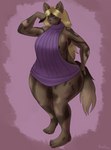 anthro big_breasts blonde_hair breasts clothing eyewear female fur glasses hair huge_breasts looking_at_viewer multicolored_body multicolored_fur multicolored_tail nipple_slip solo sweater tail thick_thighs tongue tongue_out topwear virgin_killer_sweater wide_hips moonlitesau meme_clothing jazz_(khainethewolf) african_wild_dog canid canine canis hybrid jackal mammal absurd_res hi_res meme