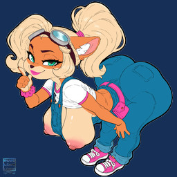 anthro areola bent_over big_breasts big_butt blonde_hair breasts butt clothing female female_anthro green_eyes hair hanging_breasts huge_breasts huge_butt lipstick makeup nipples overalls pink_areola pink_lipstick pink_nipples ponytail sagging_breasts solo bluelimelight activision crash_bandicoot_(series) coco_bandicoot bandicoot mammal marsupial 1:1 alpha_channel hi_res