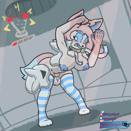 animal_genitalia areola balls black_nose blue_areola blue_body blue_clothing blue_fur blue_legwear blue_mouth blue_nipples blue_tail_tip blue_thigh_highs blue_tongue blush bow_tie breasts clothing corruption dipstick_tail drone dronification exclamation_point fur genitals glass_wall gynomorph hair intersex leaning leaning_forward leaning_on_wall legwear long_hair markings multicolored_body multicolored_fur multicolored_tail nipples open_mouth panicked_look panicking pattern_clothing pattern_legwear pattern_thigh_highs paws pink_body pink_fur pink_hair pink_tail ribbons_(anatomy) sheath standing striped_clothing striped_legwear striped_thigh_highs stripes tail tail_markings thigh_highs tongue trapped white_body white_fur white_sheath trapknight nintendo pokemon ribbons_(moron_ribbons) boogie_(species) eeveelution generation_6_pokemon goo_creature pokemon_(species) sylveon 1:1 hi_res