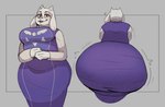 anthro belly big_breasts big_butt blush bodily_fluids breasts butt clothing dress female flying_sweatdrops fur grey_background horn huge_butt hyper hyper_butt looking_at_viewer open_mouth open_smile purple_clothing purple_dress rear_view red_eyes simple_background sitting slightly_chubby slightly_chubby_anthro slightly_chubby_female smile smiling_at_viewer solo standing striped_horn stripes sweat sweatdrop white_body white_fur white_horn sodiux undertale_(series) toriel bovid caprine goat mammal 2025 digital_media_(artwork) hi_res