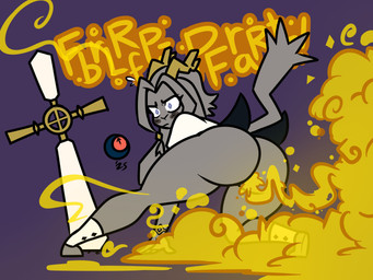 anthro antlers bent_over big_butt blue_eyes blush bodily_fluids bottomless bottomless_anthro butt cape clothed clothing dream_breaker_(pseudoregalia) embarrassed fart fart_cloud fart_fetish female female_anthro floppy_ears fur grey_body grey_fur grey_hair hair horn lop_ears onomatopoeia rear_view solo sound_effects sweat sweatdrop tail text topwear yellow_fart_cloud mystmiasmic pseudoregalia sybil_(pseudoregalia) bovid caprine felid feline goat hybrid jackalope lagomorph leporid mammal rabbit 2025 4:3 absurd_res digital_drawing_(artwork) digital_media_(artwork) hi_res