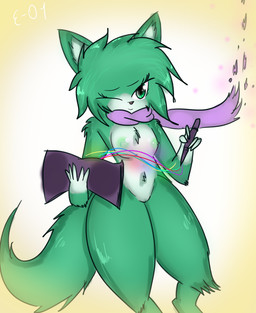 5_fingers anthro black_nose breasts clothing female fingers fur genitals glowing green_body green_eyes green_fur green_nipples green_vulva hair looking_at_viewer multicolored_body multicolored_fur nipples notebook nude one_eye_closed pen scarf simple_background small_breasts smile solo two_tone_body two_tone_fur vulva white_body white_fur wink yellow_background e-01 zero_one canid canine canis mammal wolf zerian_(species) 2017 digital_media_(artwork) hi_res portrait three-quarter_portrait