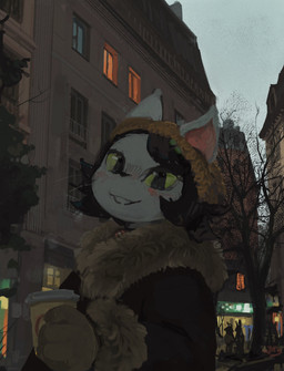 anthro beverage black_hair blush building choker city city_background clothed clothing coat coffee coffee_cup container cup detailed_background female fur furgonomics gloves hair handwear hat headgear headwear holding_object jewelry looking_at_viewer necklace neo-classical_architecture outside plant second_empire_architecture smile solo street topwear tree urban whiskers white_body white_fur winter_coat yellow_sclera nule domestic_cat felid feline felis mammal 2025 digital_media_(artwork) hi_res shaded