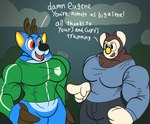 big_muscles dialogue duo huge_muscles hyper hyper_muscles male male/male muscular text training hydethehybrid2000 animal_crossing nintendo bam_(animal_crossing) eugene_(animal_crossing) deer koala mammal marsupial vombatiform english_text