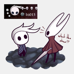 2_horns ambiguous_gender biped black_body black_eyes cloak clothed clothing duo empty_eyes exclamation_point horn looking_at_another question_mark red_cloak red_clothing standing text weapon weapon_on_back konato hollow_knight_(franchise) team_cherry hornet_(hollow_knight) the_knight_(hollow_knight) arthropod vessel_(species) 2026 english_text hi_res female_(lore) half_sister_(lore) sibling_(lore) sister_(lore)