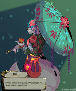 anthro beverage blue_eyes blue_hair body_tattoo container cup dialogue dialogue_box eyewear flower fur glasses grey_body grey_fur hair looking_at_viewer lotus_(flower) male petals pink_hair plant pupils red_hair rope solo sunglasses tail talking_to_viewer tattoo text tinted_glasses umbrella wave white_pupils viola_bat hades_(game) canid canine canis mammal wolf absurd_res english_text hi_res