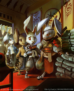 anthro armor barefoot eye_patch eyewear feet fur group inside male melee_weapon open_mouth red_eyes standing surprised sword text weapon white_body white_fur tealfuleyes hex:_shards_of_fate lagomorph leporid mammal rabbit 2013 digital_media_(artwork) english_text official_art url