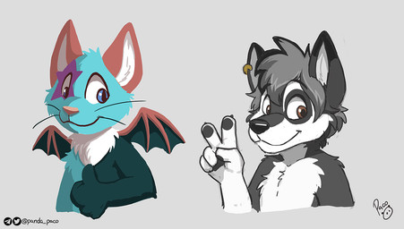 anthro blue_body blue_eyes blue_fur brown_eyes closed_smile dipstick_ears ear_markings ear_piercing ear_ring front_view fur gesture grey_body grey_fur hand_gesture logo looking_at_viewer male male_anthro markings membrane_(anatomy) membranous_wings mouth_closed multicolored_ears nude piercing ring_piercing smile solo star_(marking) thumbs_up v_sign white_body white_fur wings young young_anthro young_male pandapaco canid canine felid mammal artist_logo multiple_images signature