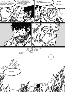 anthro building dialogue duo facial_scar fangs forest house male muscular muscular_male outside plant scar simple_background sun teeth text tree husky92 european_mythology greek_mythology mythology bovid bovine humanoid mammal minotaur orc comic english_text hi_res monochrome multiple_scenes