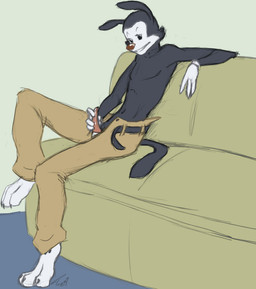 3_toes anthro belt biped black_body black_sclera black_skin bodily_fluids bottomwear clothed clothing cum cum_on_penis erection feet furniture genital_fluids genitals gloves handwear male masturbation open_mouth pants penile penile_masturbation penis pink_penis red_nose sitting sofa solo tapering_penis teeth toes topless white_body white_skin year modern-fantasy mosssleeper animaniacs warner_brothers yakko_warner inkblot mammal 2009 signature
