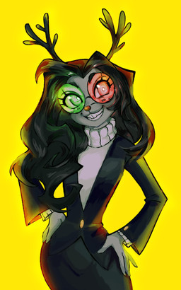 anthro antlers black_hair buckteeth business_suit clothing female fusion hair heterochromatic_glasses horn long_hair looking_at_viewer maleficent_pie_4388 red_nose simple_background solo suit sweater teeth topwear turtleneck yellow_background deltarune undertale_(series) fan_character noelle_holiday spamelle spamton_g._spamton deer mammal new_world_deer reindeer absurd_res hi_res