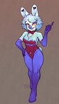 anthro blue_body blue_fur blue_hair bow_tie breasts chest_tuft cleavage clothed clothing clown clown_makeup clown_nose female fur glistening glistening_clothing hair heart_(marking) markings short_tail standing tail tight_clothing tuft bestfriendforever besty_(character) lagomorph leporid mammal rabbit 2024 digital_drawing_(artwork) digital_media_(artwork) hi_res nonbinary_(lore)